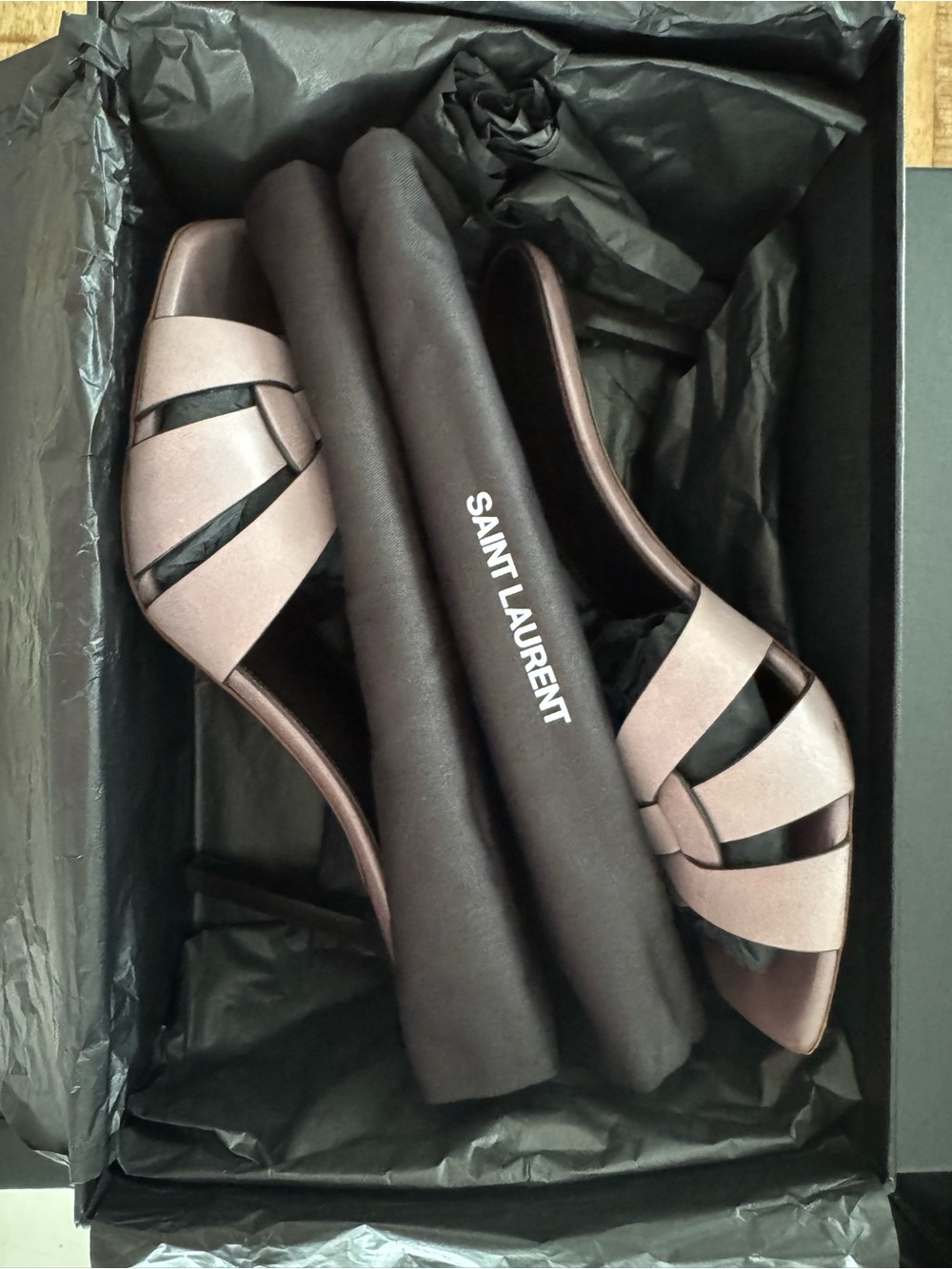 Saint Laurent Mauve Suede Woven Knot Slide Mules - Picture 2 of 4